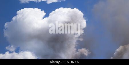 detailed shot of a large, fluffy cumulus cloud against a vibrant blue sky, with a wisp of darker cloud or smoke rising from below, creating a unique a Stock Photo