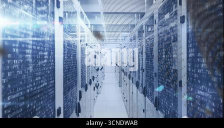 Stretching server room aisle showing racks blinking LEDs, network switches, overhead cable trays Stock Photo