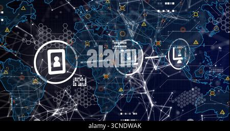 Displaying profile icon inside circle connecting continents on world map with network nodes overlay Stock Photo