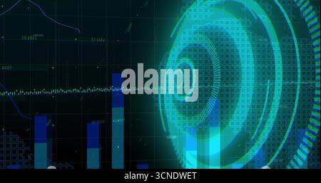 Showing glowing concentric circular interface pulsing on digital panel, with bar chart columns Stock Photo