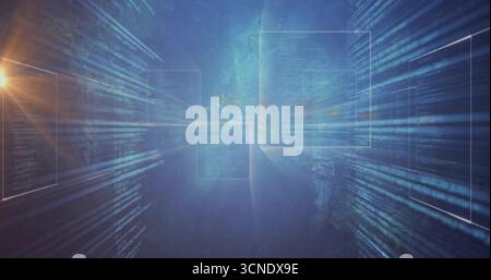 Glowing central translucent panel floating in digital space, with code streams and light flare Stock Photo