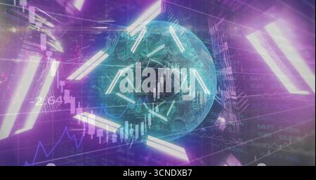 Rotating globe projecting network lines in cyber finance interface, with neon bars and line graphs Stock Photo