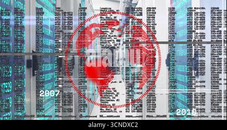 Red digital globe floating in data center corridor, showing server racks, code, dates 2007 and 2010 Stock Photo