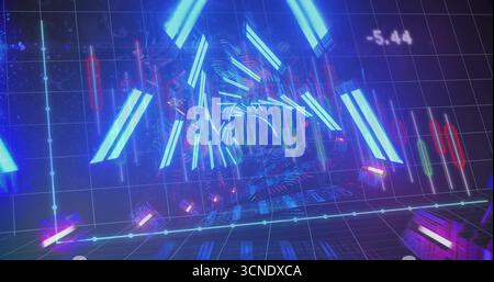 Shining neon tunnel receding into 3D grid, displaying bars, triangles, candlestick charts and -5 Stock Photo