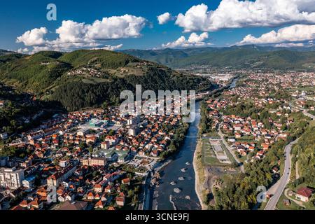 Drone View of Bijelo Polje on river Lim, towm citi municipality in ...