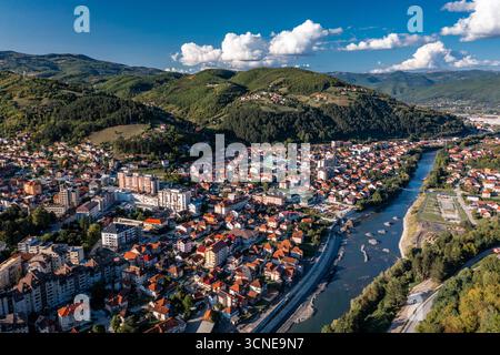Drone View of Bijelo Polje on river Lim, towm citi municipality in ...