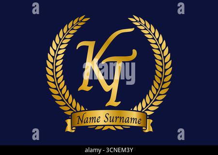Initial letter K and T, KT monogram logo design with laurel wreath. Luxury golden emblem with calligraphy font. Stock Vector