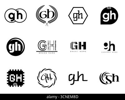 GH logo company template. Letter g and h logotype. Set different classic serif lettering and modern bold text with design elements. Initial font typog Stock Vector