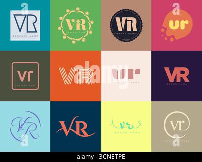 VR logo company template. Letter v and r logotype. Set different classic serif lettering and modern bold text with design elements. Initial font typog Stock Vector