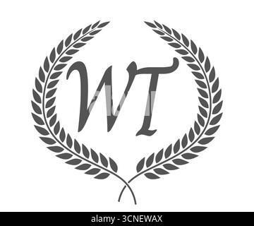 Initial letter W and T, WT monogram logo design with laurel wreath. Luxury emblem with calligraphy font. Stock Vector