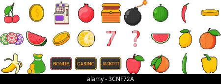 8 bit board game icon set. Pixel art object. Old school computer graphic style. Slot machine, coins, fruits, crown, bomb. Stock Vector