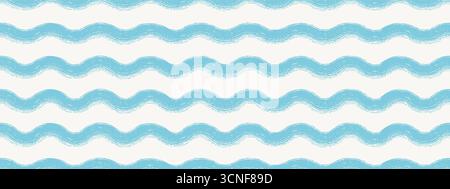 Hand drawn baby wavy pattern with crayon scribble blue waves and chalk texture. Seamless pastel stripe bg for decor, textiles, wallpaper, fabric, and Stock Vector
