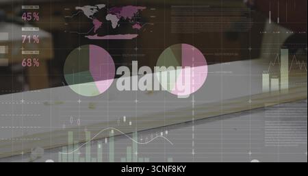 Displaying data overlay highlighting pie bar line charts and map on wooden desk, with notebook Stock Photo