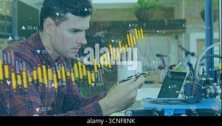 Man wearing red plaid shirt examining component in workshop with 3D printer and financial overlay Stock Photo