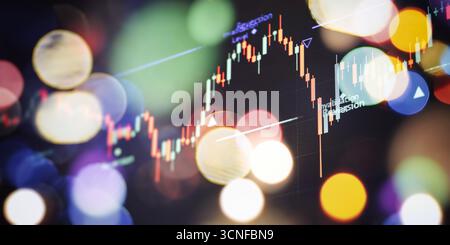 Candle chart displaying financial trading data with abstract bokeh lights, blending finance and creativity in a vibrant composition. Stock Photo