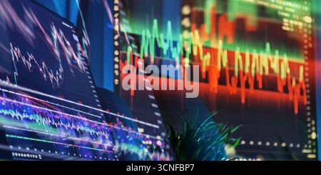 Colorful trading setup with multiple screens displaying candlestick charts, technical indicators, and market volatility in real-time analysis. Stock Photo