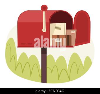Red Mailbox Opens with Mail and Parcel Inside for Postal Concept Illustration Clip Art Stock Vector