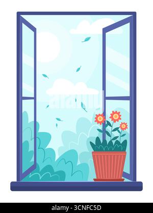 Flower Pot Placed by the Glass Window Frame that Opens onto the Garden Concept Illustration Clip Art Stock Vector