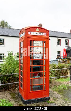 Old redundant public red telephone kiosk used as a community exchange point for seeds and plants with information in both English and Welsh language Stock Photo