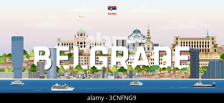 Belgrade cityscape colorful vector illustration with big city name on the background. Travel trendy poster Stock Vector