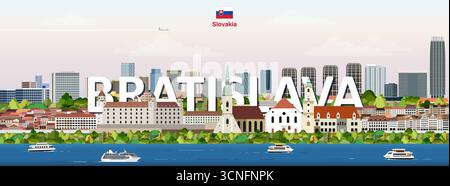 Bratislava cityscape colorful vector illustration with big city name on the background. Travel trendy poster Stock Vector