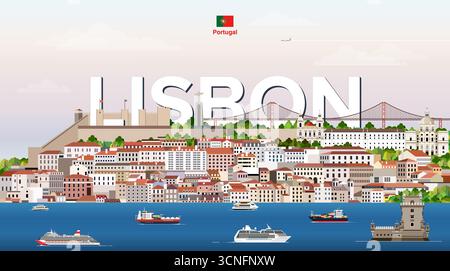 Lisbon cityscape colorful vector illustration with big city name on the background. Travel trendy poster Stock Vector