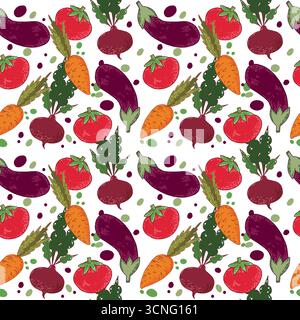 Seamless vector pattern of seasonal vegetables, eggplant, carrots, red tomatoes, beets, greens. All objects are hand-drawn with ink, illustration for Stock Vector