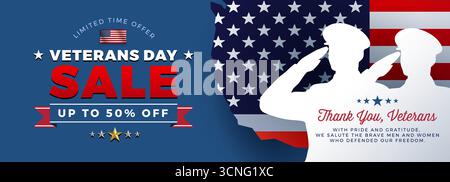 Veterans Day Sale blue background banner - USA saluting armed forces, Veterans Day Sale lettering typography on US flag patriotic background Stock Vector