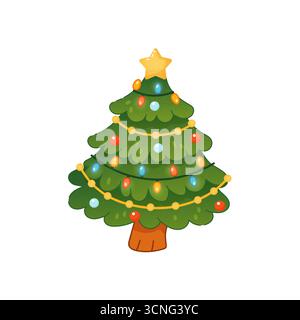 A cartoon Christmas tree with a star on top and lights on the branches. The tree is green and has a brown trunk Stock Vector