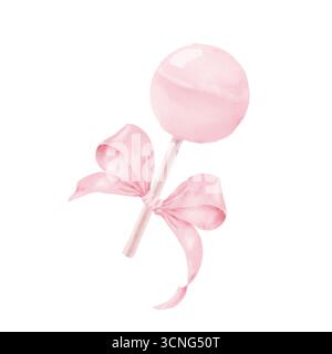 Pink bow on a lollipop stick. Watercolor digital illustration. The concept of a girl with bows and sweets, isolated on a white background. For birthda Stock Photo