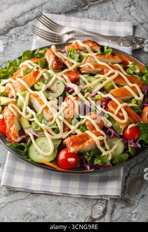 buffalo chicken chopped salad with juicy grilled chicken mixed with all the delicious ingredients closeup on the plate on the table. Vertical Stock Photo