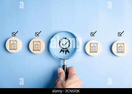 Certificate document form survey with checklist icons and approval mark, certification process Stock Photo