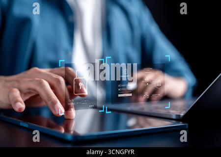 Data protection and cybersecurity with digital lock, secure login, and encrypted information Stock Photo