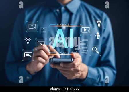 AI agents productivity for text, video, image, audio, chatbot, and automation tools. artificial Stock Photo