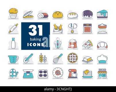 A comprehensive set of 31 flat icons for bakery items and baking tools. Perfect for menus, food blogs, and kitchen-related websites or apps. Stock Vector