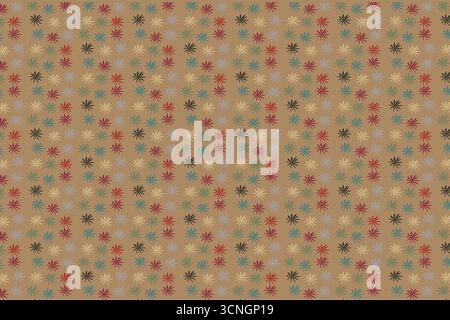 A repeating vector pattern featuring symmetrical, four-petal motifs inspired by abstract leaves or flowers. Rendered in warm tones of red, green, blue Stock Vector