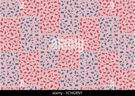 This vibrant abstract vector features a seamless confetti-style pattern with deep red and cool blue rectangles scattered across a soft pink background Stock Vector