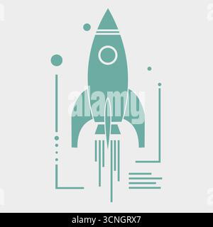 Teal Rocket Ship Launching: Startup, Innovation, Success Icon, Design For T-shirt Stock Vector