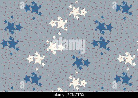 A seamless vector background featuring cream star-like forms, deep navy blotches, and scattered red petal shapes on a muted grey base. The organic, ab Stock Vector