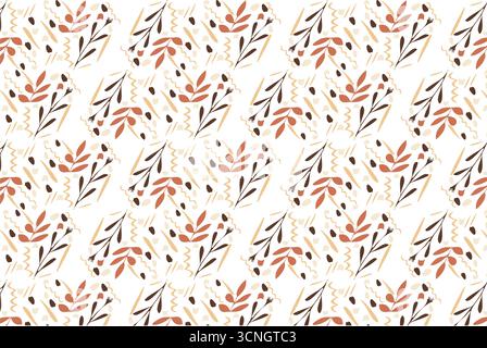 A natural, seamless vector pattern featuring hand-drawn branches, terracotta leaves, dark berries, and muted green lines on an off-white background. I Stock Vector