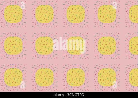 A seamless repeating vector pattern featuring soft yellow squares on a light pink background, surrounded by vibrant, petal-like shapes in red, blue, g Stock Vector