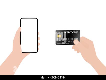 Hand Holding Credit Card and Smartphone. Online Payment, Online Shopping or Internet Banking Concept. Vector Illustration. Stock Vector