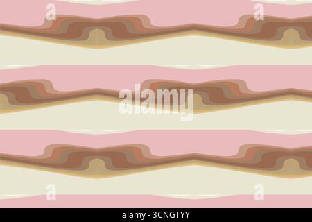 A seamless, abstract vector pattern featuring layered wavy bands in warm browns and beiges, punctuated with soft muted pink strips. The rhythmic, geol Stock Vector