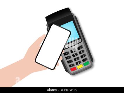 Hand Making Payment by Using Smartphone Connected to POS - Point of Sale Terminal. Wireless or Contactless Payment Concept Vector Illustration. Stock Vector