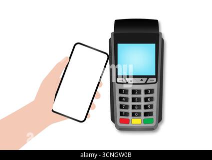 Hand Making Payment by Using Smartphone Connected to POS - Point of Sale Terminal. Wireless or Contactless Payment Concept Vector Illustration. Stock Vector