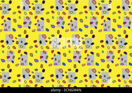 A vibrant and modern seamless abstract vector design featuring irregular, organic pebble-like shapes in earthy and jewel tones across a bold yellow ba Stock Vector