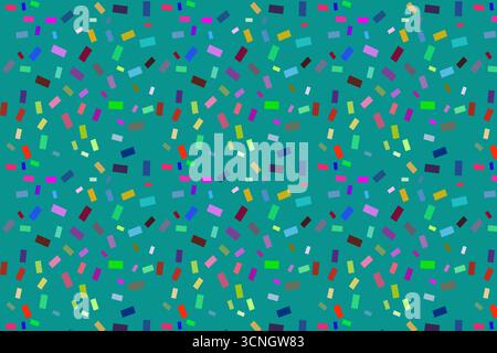 A lively and seamless abstract vector illustration featuring scattered rectangular and polygonal shapes in bright colors against a rich teal backgroun Stock Vector