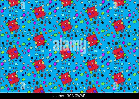 This vibrant and whimsical abstract vector illustration features large red rounded squares filled with magenta and yellow dots, set against a bright a Stock Vector