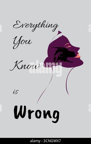 conceptual vector illustration combining vertical text and a stylized female side profile. Features minimalist solid color shapes, a cat-like black si Stock Vector
