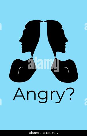 Conceptual vector illustration featuring two mirrored black human head silhouettes on a light blue background, forming a Rubin vase optical illusion. Stock Vector